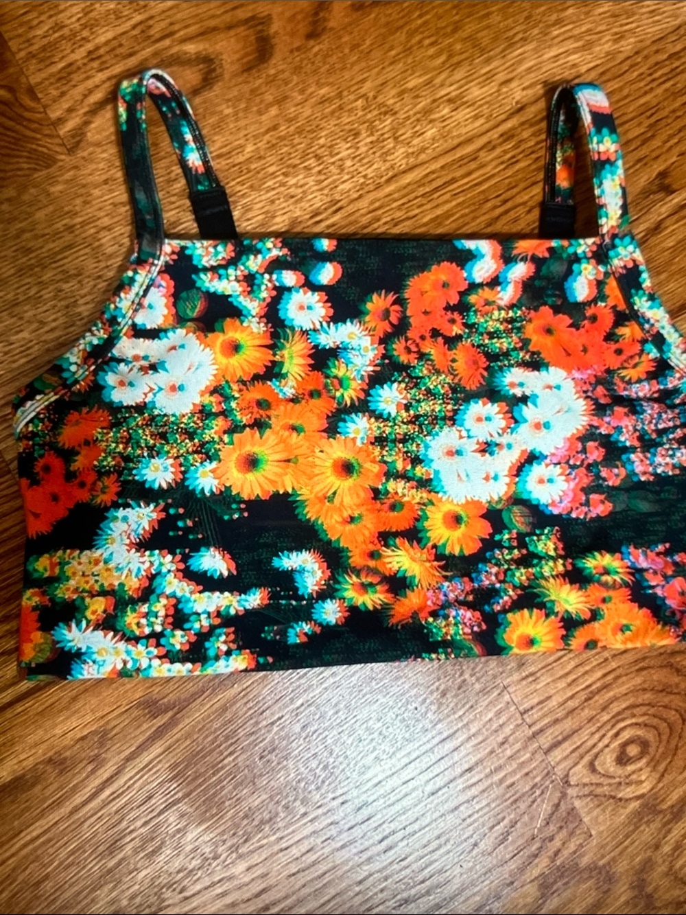 aerie Floral Printed Sports Bra - Black with Orange & White Flowers